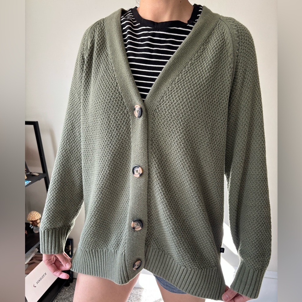 Cottagecore Light Olive Green  Midi Cotton Knitwear Grandmacore Cardigan - Large